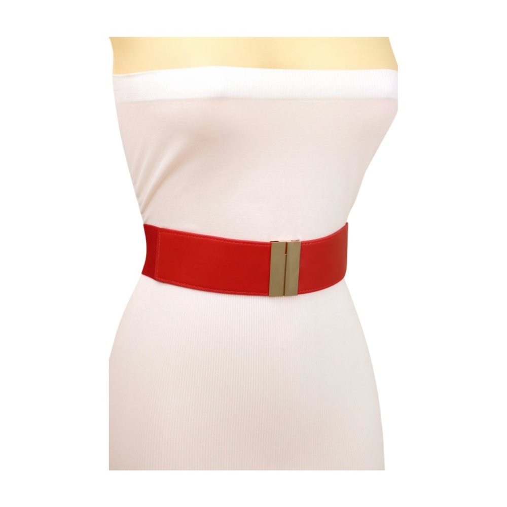 New Women Red Elastic Waistband Fashion Belt Gold Metal Buckle Fit Size S M z006